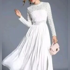 Stunning white long sleeved lace top dress with pleated skirt Haokeke sz M NWT